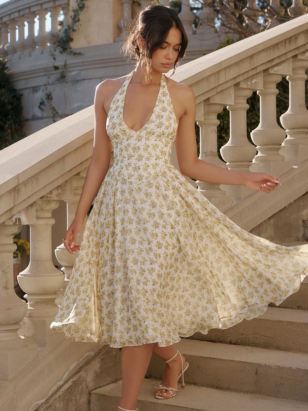House Of Cb Solada Ivory Vintage Floral Print Georgette Halter Sundress